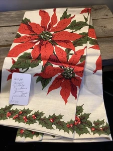 2070🌟Vintage Holiday Christmas Unsign Poinsettia Linen Towel 16”x29” UNUSED - Picture 1 of 5