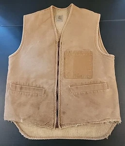 VINTAGE CARHARTT VEST MEN Medium BROWN SHERPA LINED DUCK FULL ZIP 60's 70's - Picture 1 of 8