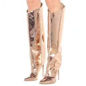 Patent Leather Women's Knee High Boots Occident Stilettos Side Zip Pumps Club 43 - Picture 1 of 13