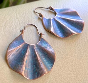 Copper Turquoise 'Patina' Verdigris Wavy Circle Geometric Hoop Earrings New - Picture 1 of 3