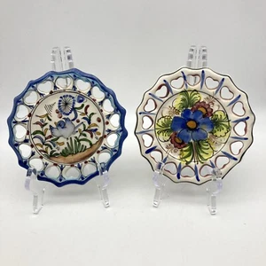 Mini piastre da parete reticolate dipinte a mano vintage Portogallo fiori uccellino 5"" SET DI 2 - Foto 1 di 11
