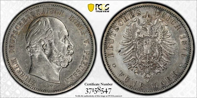 1876-B German 5 Mark, Prussia, PCGS AU50, Catalog = 200 in XF and 600 in BU - Image 1 of 4