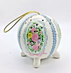 Ceramic Hanging Pomander Footed Ball With Blue and Pink Floral and Ribbon Design - Picture 1 of 5
