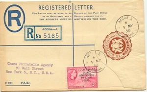 GHANA 1958 6d herb zarejestrowana koperta pocztowa papeteria (H&G C2) do USA - Zdjęcie 1 z 2