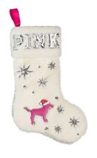 New! Victoria's Secret Pink Fuzzy White Silver Christmas Stocking Holiday Dog 