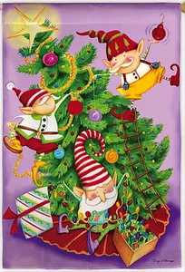 NEW EVERGREEN GARDEN FLAG ELF CHRISTMAS TREE TRIMMERS CUTE ELVES 12.5 X 18 - Picture 1 of 1