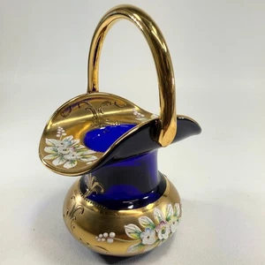 Czechoslovakia Glass- Gold and Cobalt Blue Brides Basket - Czech Blown Glass - Picture 1 of 6