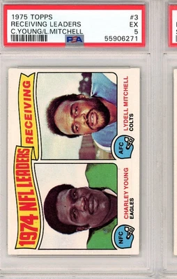 1975 Topps #3 1974 NFL Receiving Leaders Charley Young/Lydell Mitchell - PSA 5 - Image 1 of 2