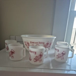 Vintage Hazel Atlas Tom And Jerry Punch Bowl Set W/ 5 Mugs - Picture 1 of 16