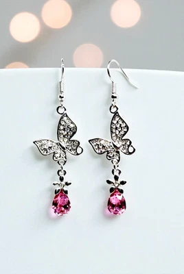 Brincos de cristal folheados a ouro 18K borboleta Swarovski Elements rosa lágrima - Imagem 1 de 4