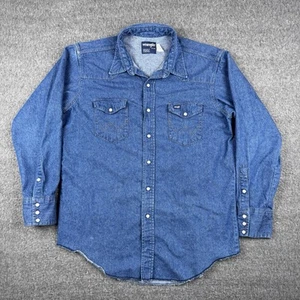 VINTAGE Wrangler Pearl Snap Mens Large X-Long Tails Blue Denim Button-Up Shirt - Bild 1 von 7