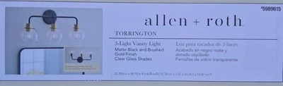 Allen Roth Torrington 3 光梳妆灯哑光黑色金色壁灯新品 — 第 1/3 张图片
