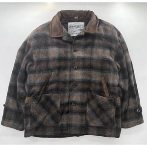 Vintage Y2K Sawyer of Napa Wool Blend Jacket XL USA Made Plaid Leather 90s - Picture 1 of 6