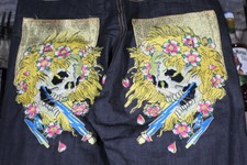 W 34" xL 32” Ed Hardy Christian Audigie Jeans Baggy Fit Embroidered 2009 Vintage