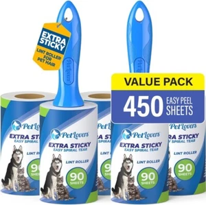 PetLovers Extra Sticky Lint Roller Mega Value Set 450 Sheets for Pet Hair Remova - Picture 1 of 9