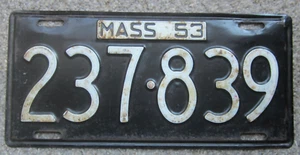 Targa/etichetta auto d'epoca 1953 Massachusetts # 237 839 bella patina, buona - Foto 1 di 2