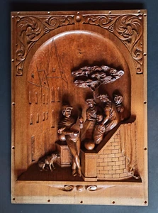 Wandbild Bänkelsänger 19./ 20.Jh Schnitzerei Handarbeit Relief Eiche Türfüllung - Bild 1 von 4