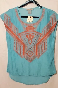 CLEARANCE Flying Tomato Womens S Top Sheer Turq Blue Southwestern Shirt - Picture 1 of 6