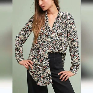 Anthropologie Maeve Black Ditzy Floral Flowy Boho Button Lightweight Top Large - Picture 1 of 11