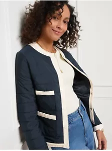 NWT Talbots Quilted Lady Jacket Indigo Navy Blue With White Trim XLp Preppy - Picture 1 of 8