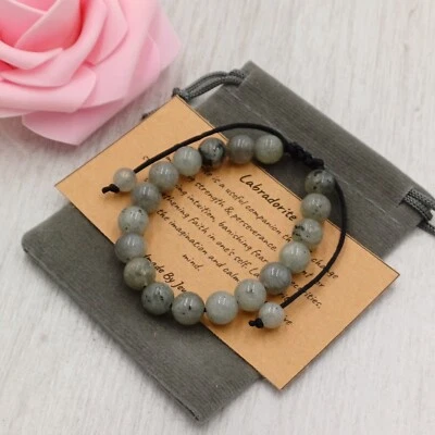 LABRADORITE Bracelet Adjustable Handmade +Gift Bag & Card Crystal Gemstone 6/8mm - Image 1 of 4