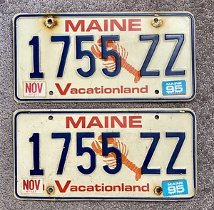 Pair of Vintage 1995 Maine License Plate # 1755 ZZ "Vacationland" Lobster Logo - Picture 1 of 6