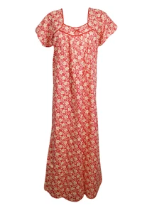 Boho Women's Cotton Maxi Dress Red Floral Print Cotton Sleepwear Nightgown L