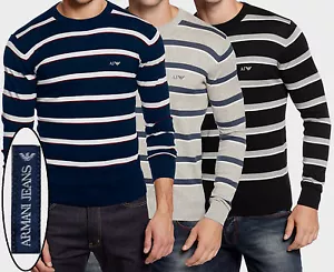 NWT Armani Jeans Slim Fit LOGO Lightweight Crew Neck Striped Sweater - Picture 1 of 25