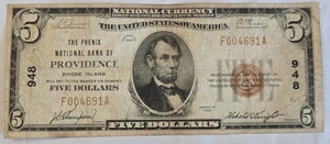 1929 $5 The Phenix National Bank of Providence Rhode Island 948 - Imagen 1 de 6