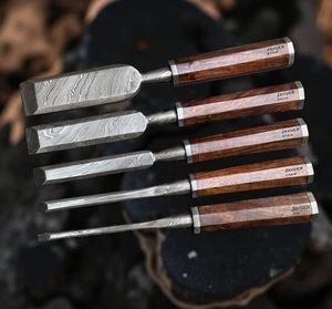Jayger 5pc Genuine Damascus Steel Chisel Set | Hand Forged Woodworking Tools - Picture 1 of 11