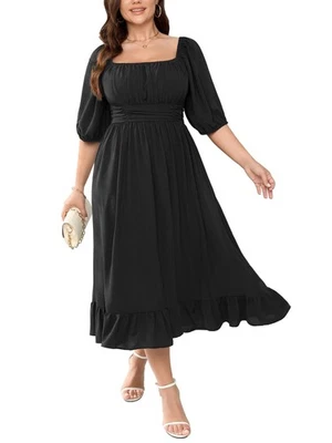 女式大码长裙夏季半灯袖方领缩褶 F... — 第 1/4 张图片