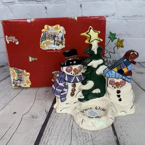 Muñeco de nieve de cerámica cielo azul árbol de Navidad candelabro arcilla brezo Goldminc - Imagen 1 de 6