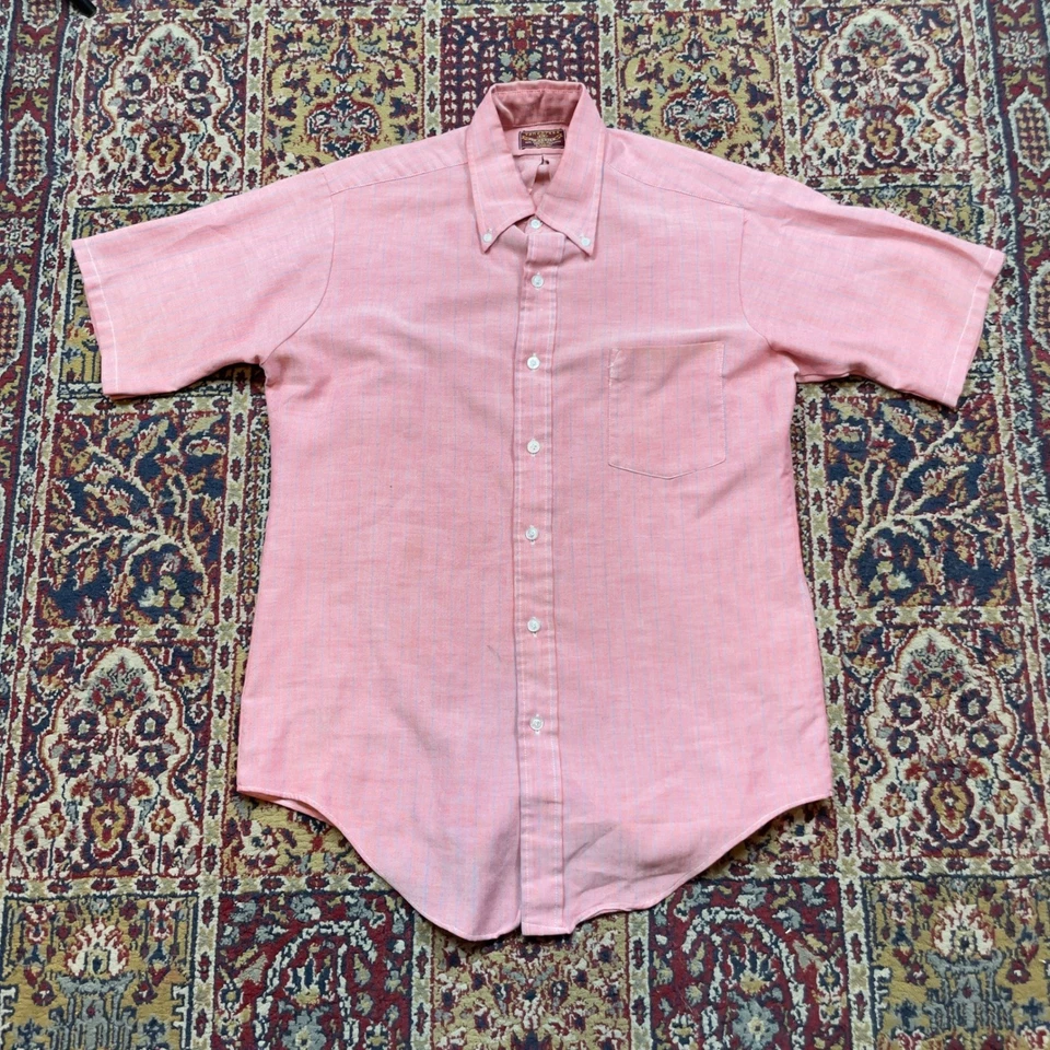 Camisa De Colección Años 60 70 Van Heusen Vanopress Para Hombres Rosa Salmón Rayas Abotonada M-L Foto 1 de 4