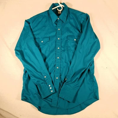 Vintage Malco Modes Mens 17x36 Teal Western Pearl Snap Shirt USA 70s 80s Rodeo - Image 1 of 4