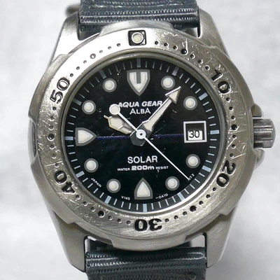 SEIKO ALBA AQUA GEAR Dive Watch V145 2006 Black Solar Power Luminous Japan - Image 1 of 4