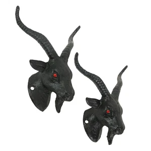 Set of 2 Black Cast Iron Baphomet Wall Hooks Coat Towel Rack Home Decor - Picture 1 of 6