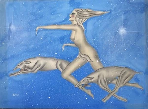 Art Deco Weiblicher Akt Original Gemälde von Gustav Kaitz Gazelle Hunde ? 20,5”x28” - Bild 1 von 5