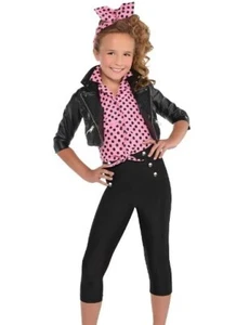 Greaser Girl Costume Child Pink Polka Dot Shirt, Motorcycle Jacket, Pants 3/4T - Picture 1 of 2
