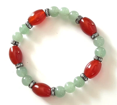 Beautiful Aventurine & Carnelian Gemstone Stretch  Bracelet w/ Crystal Rondels - Image 1 of 4