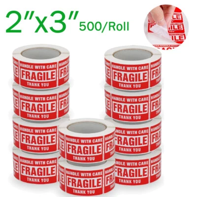 20000 Fragile Stickers 2″x3″ Fragile Label Sticker Handle With Care 500/roll US - Image 1 of 4
