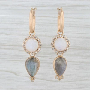 New Nina Wynn Hoop Earrings 18k Gold Labradorite Moonstone Diamond Charms - Picture 1 of 4