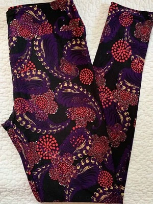 Leggings LuLaRoe OS Negro Rojo Púrpura Pluma Paisley Floral Medallones DE COLECCIÓN Foto 1 de 2