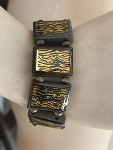 Ladies Rectangle Wood Block & Mini Round Wood Bead Glittery Tiger Epoxy Bracelet - Picture 1 of 4
