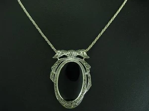 925 Esterlina Plata Cadena & Colgante con Onix & Marcasita Guarnición / 100,0cm - Imagen 1 de 3