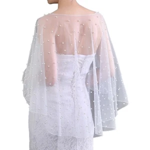 Wedding Cape Short Front Long Back Women Wrap Cape Evening Wrap Pearls Shawl - Picture 1 of 8