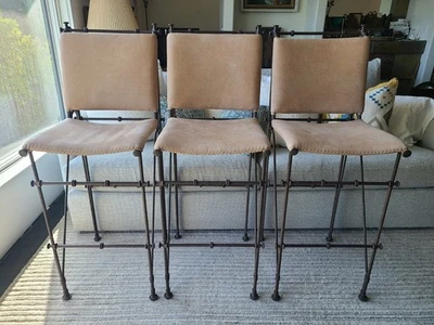 Ilana Goor 1970's Vintage Brutalist Iron Leather Stools Set of 3 - Image 1 of 4