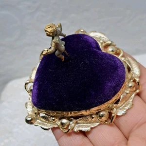 Vintage Sam Fink lila Herz silberfarben Nadelkissen & Bonus Cherub Pin - Bild 1 von 7