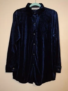Vintage Carolyn Taylor Women's Size Medium Blue Velvet Button Up Long Sleeve Top - Picture 1 of 7