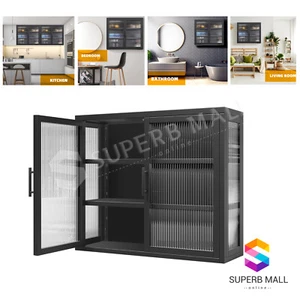Glass Wall Mounted Cabinet Unit Metal Kitchen Bathroom Cupboard Storage Shelves - Picture 1 of 8