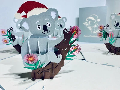 ORIGAMI POP CARDS Aussie Merry Christmas Koala Santa Hat 3D Pop Up Greeting Card